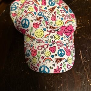 Justice Emoji and Peace Sign Hat with Pink and Blue Accents